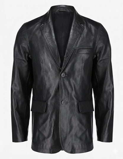 2-Button Men Lambskin Leather Blazer-Black