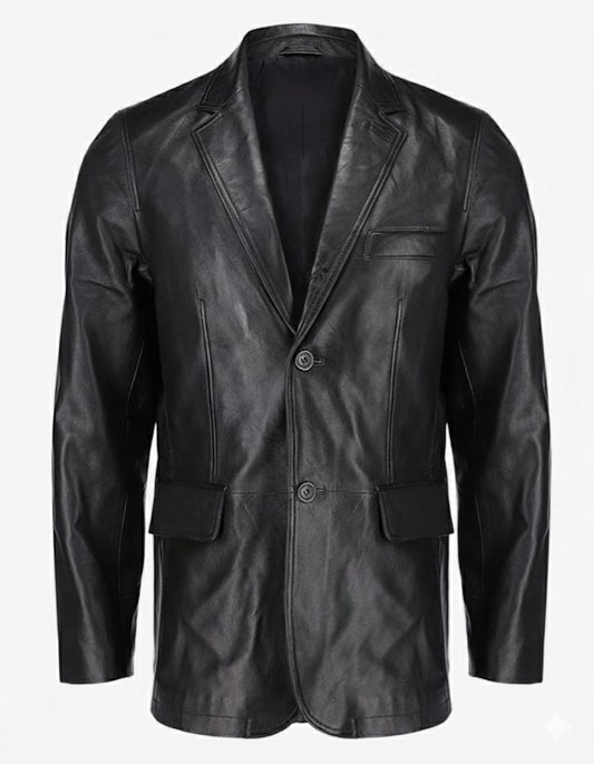 2-Button Men Lambskin Leather Blazer-Black