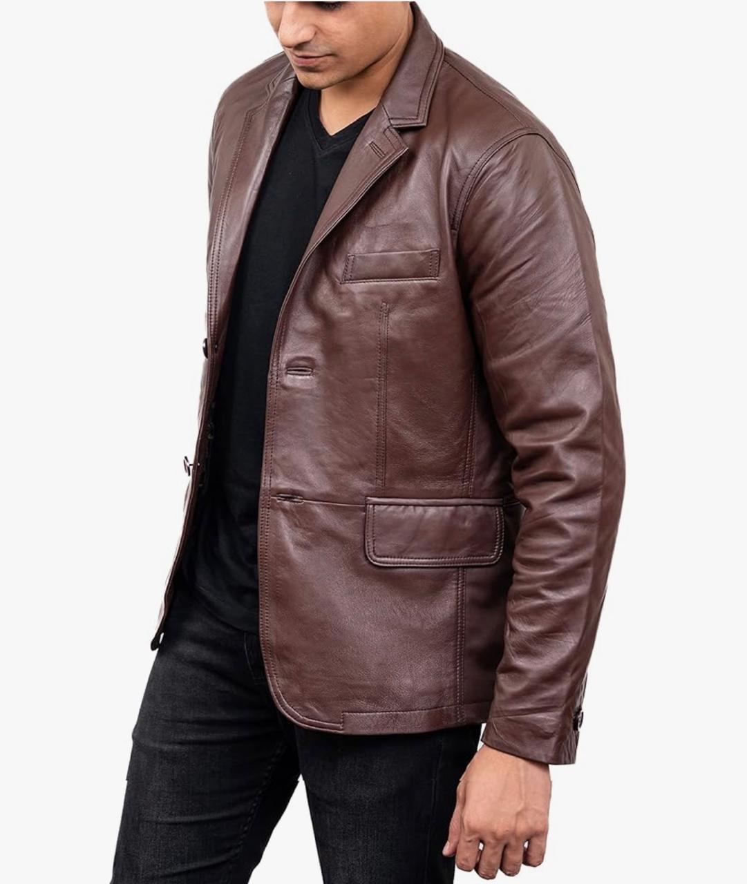 2-Button Men Lambskin Leather Blazer-Brown