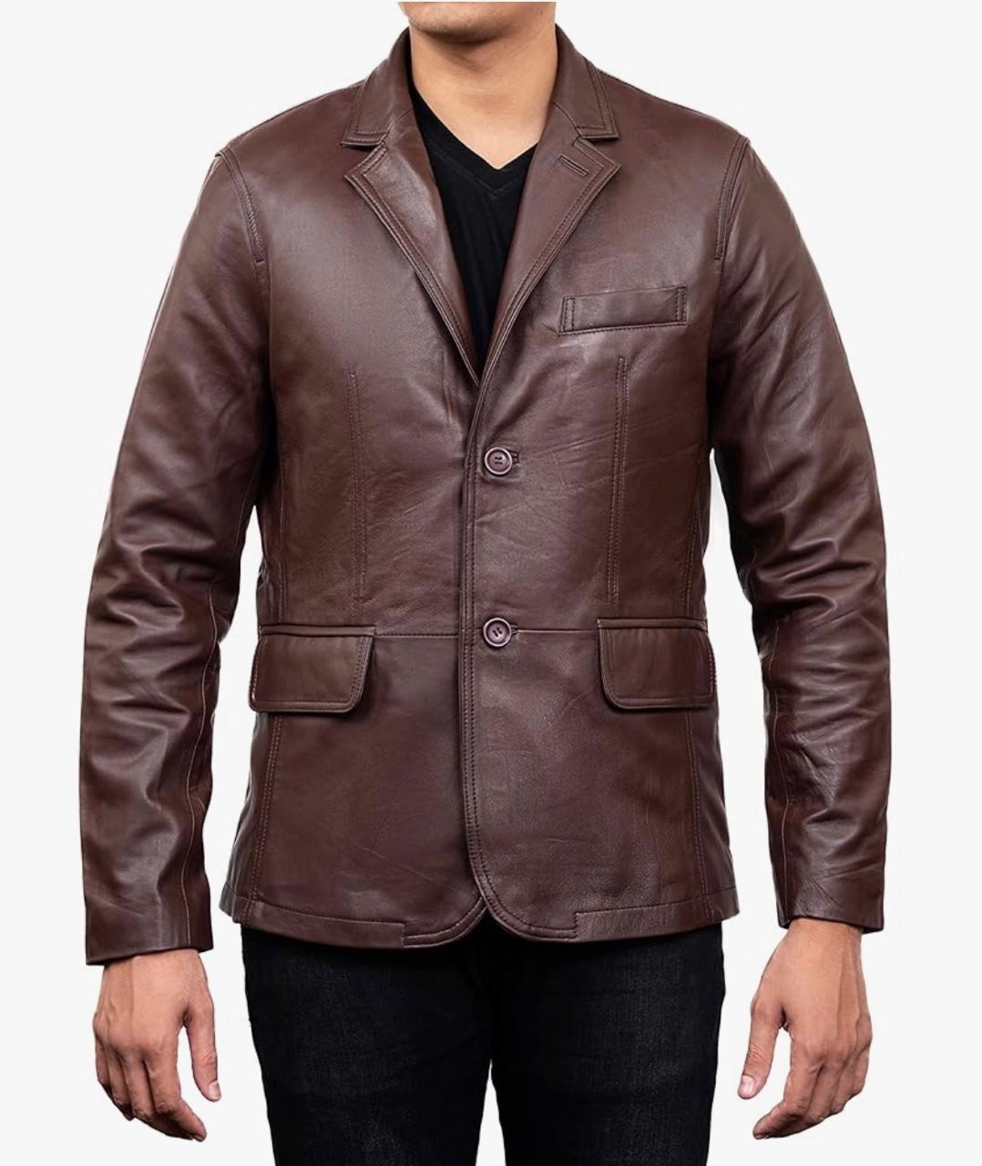 2-Button Men Lambskin Leather Blazer-Brown