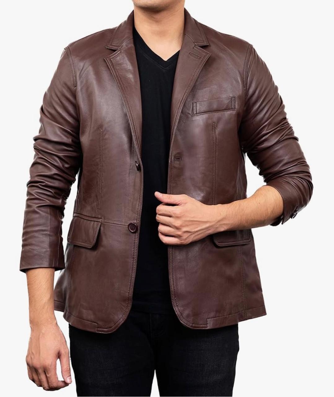 2-Button Men Lambskin Leather Blazer-Brown
