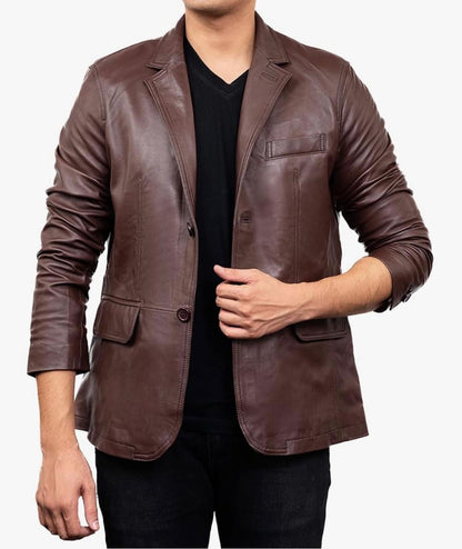 2-Button Men Lambskin Leather Blazer-Brown