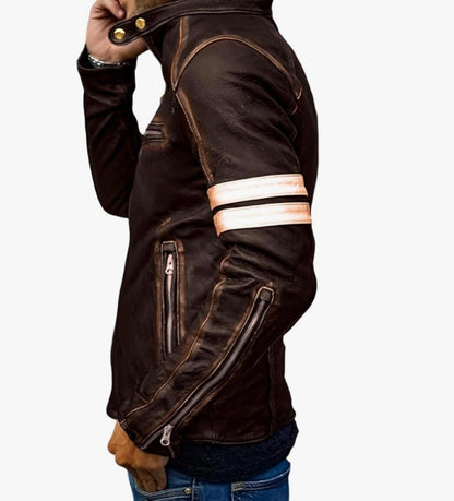 Cafe Racer Genuine Lambskin Leather Jacket-Brown