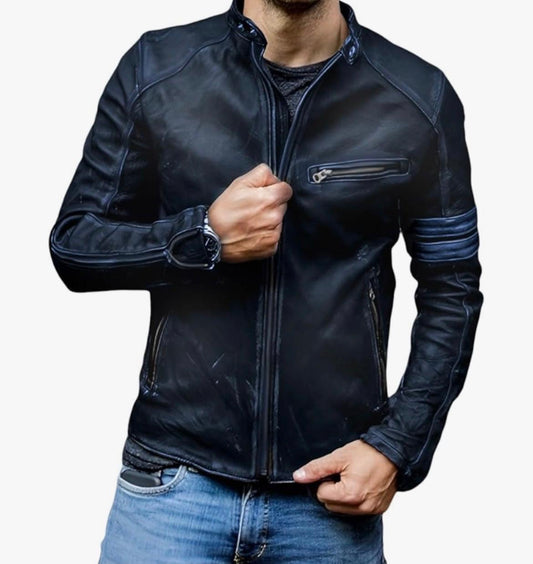 Cafe Racer Genuine Lambskin Leather Jacket-Blue