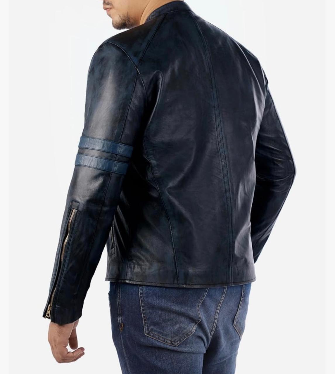 Cafe Racer Genuine Lambskin Leather Jacket-Blue