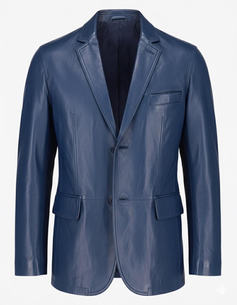2-Button Men Lambskin Leather Blazer-Blue