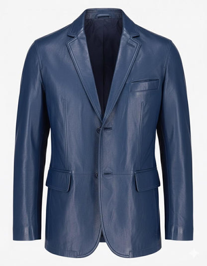 2-Button Men Lambskin Leather Blazer-Blue