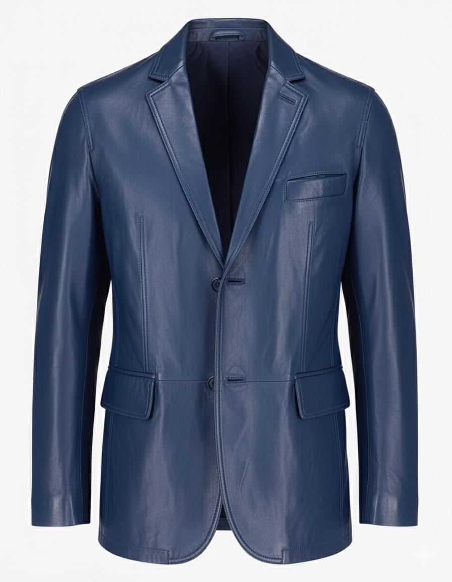 2-Button Men Lambskin Leather Blazer-Blue