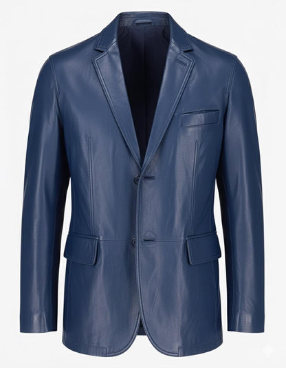 2-Button Men Lambskin Leather Blazer-Blue