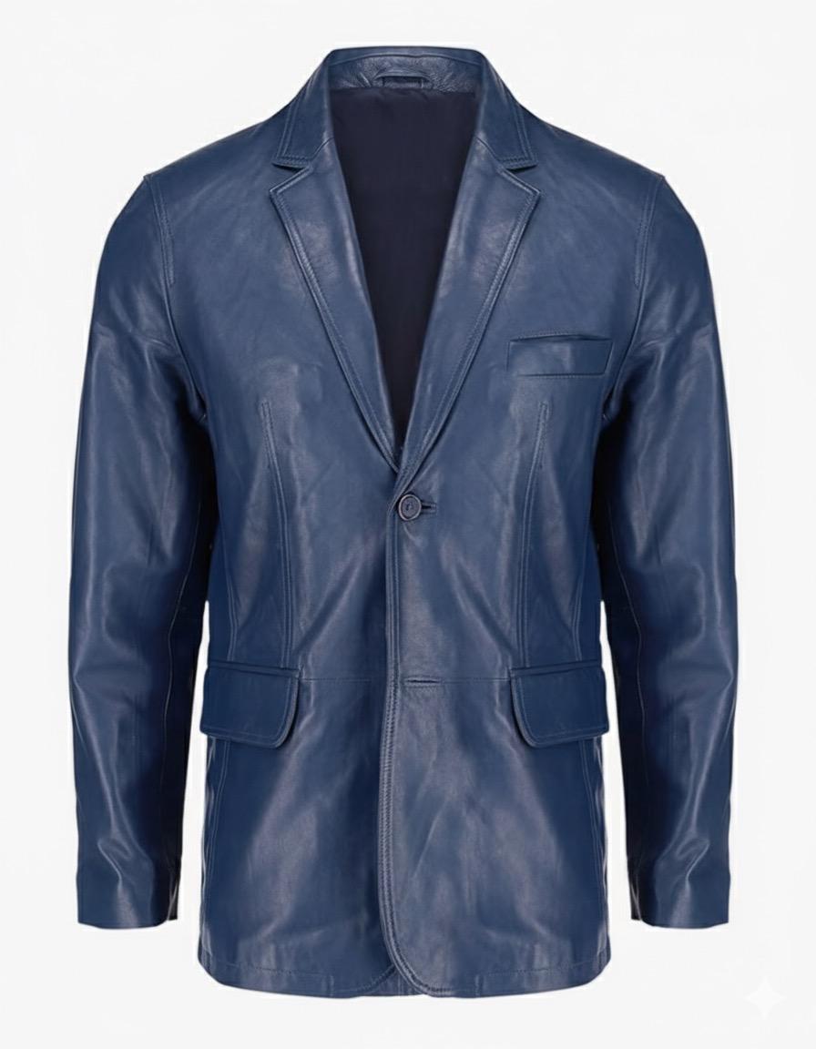 2-Button Men Lambskin Leather Blazer-Blue