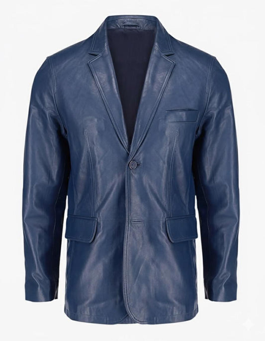 2-Button Men Lambskin Leather Blazer-Blue