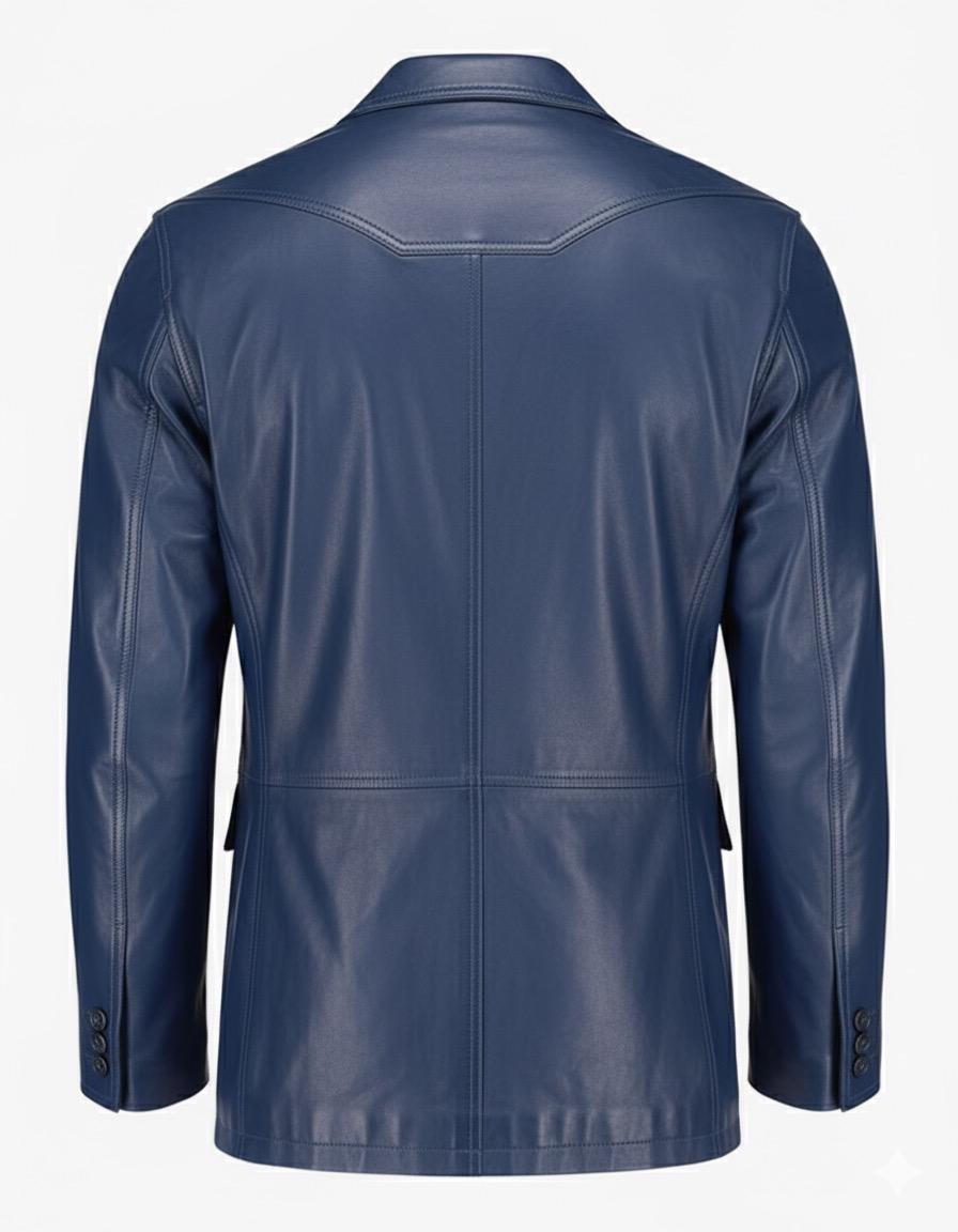 2-Button Men Lambskin Leather Blazer-Blue