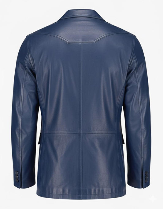2-Button Men Lambskin Leather Blazer-Blue