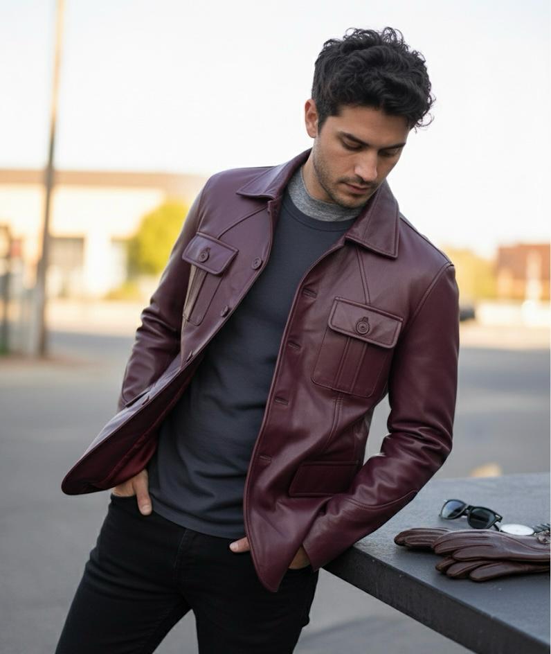5-Button Men Lambskin Leather Blazer-Burgundy