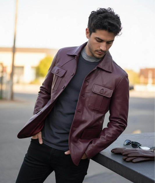 5-Button Men Lambskin Leather Blazer-Burgundy