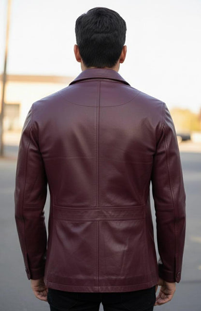 5-Button Men Lambskin Leather Blazer-Burgundy