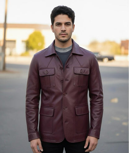 5-Button Men Lambskin Leather Blazer-Burgundy