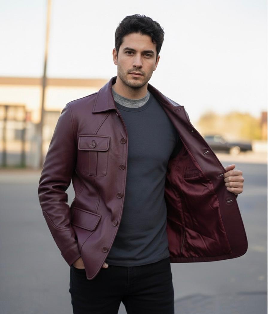 5-Button Men Lambskin Leather Blazer-Burgundy