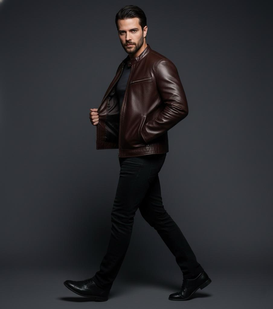 Brown Mens Pure Sheep Leather Zipper Jacket