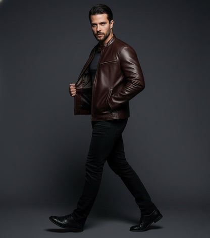 Brown Mens Pure Sheep Leather Zipper Jacket