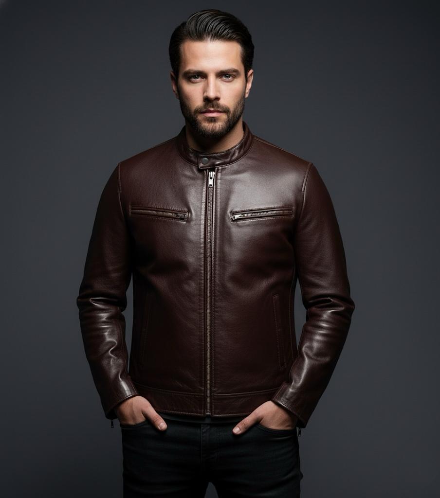 Brown Mens Pure Sheep Leather Zipper Jacket