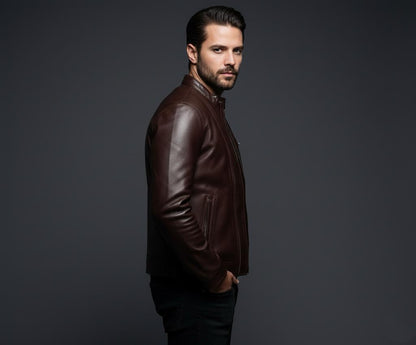 Brown Mens Pure Sheep Leather Zipper Jacket