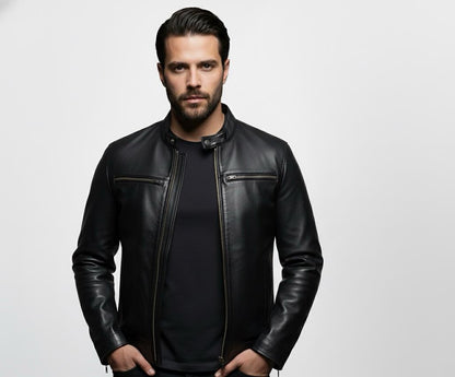 Black Mens Pure Sheep Leather Zipper Front Pockets Jacket