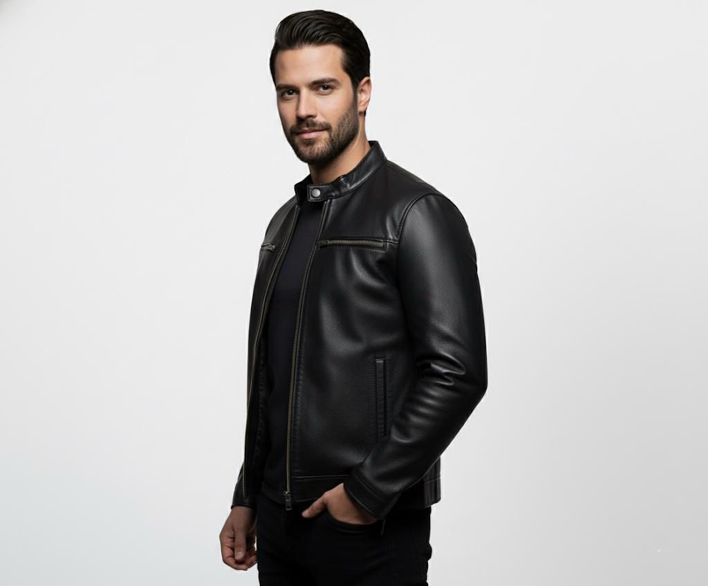 Black Mens Pure Sheep Leather Zipper Front Pockets Jacket