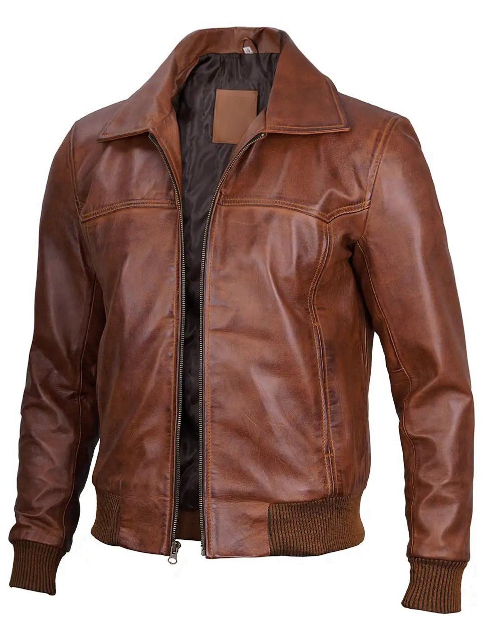 Steven Men's Distressed Tan Vecs Bomber Leather Jacket