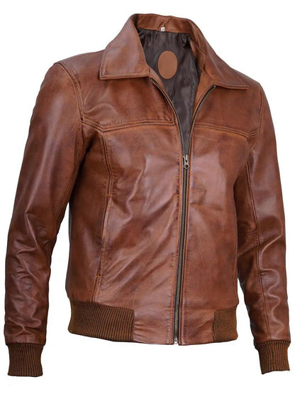 Steven Men's Distressed Tan Vecs Bomber Leather Jacket