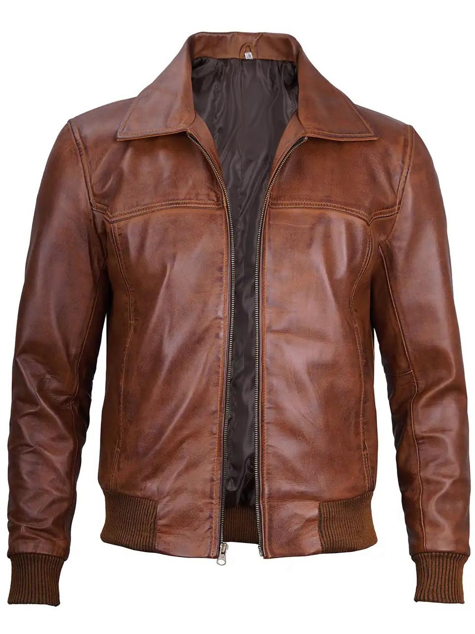 Steven Men's Distressed Tan Vecs Bomber Leather Jacket