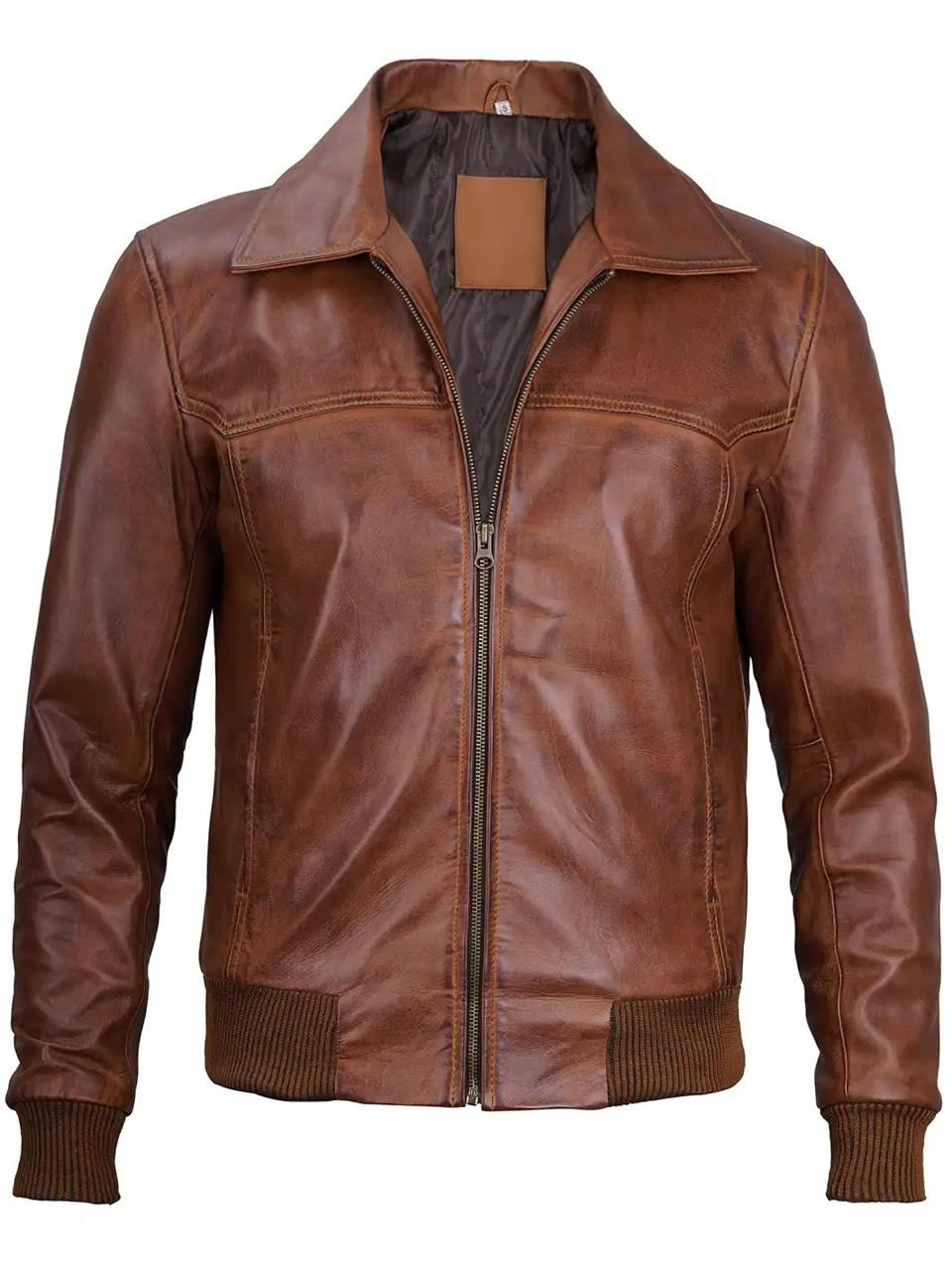 Steven Men's Distressed Tan Vecs Bomber Leather Jacket