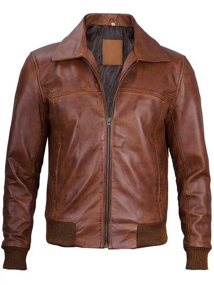 Steven Men's Distressed Tan Vecs Bomber Leather Jacket
