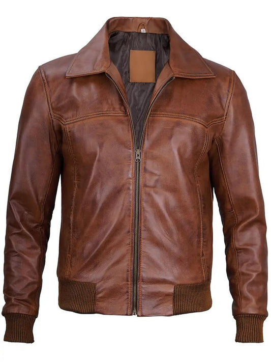 Steven Men's Distressed Tan Vecs Bomber Leather Jacket