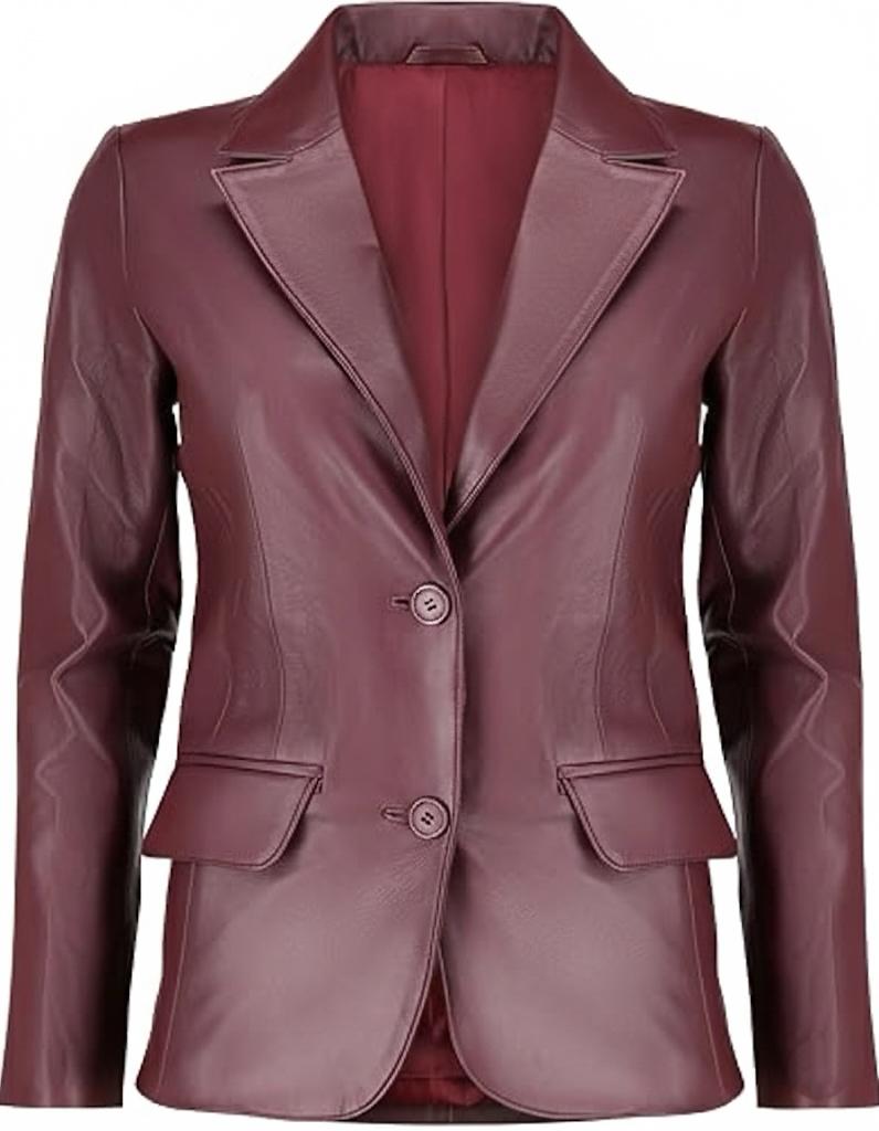 Classic 2-Button Lambskin Leather Blazer Women-Burgundy