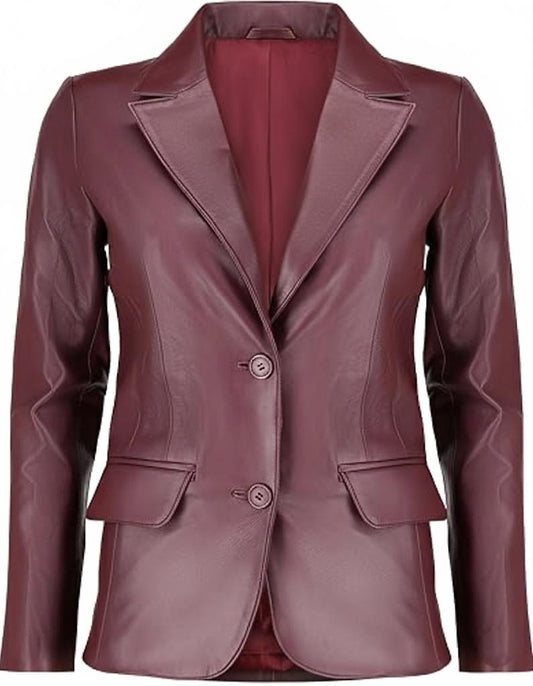 Classic 2-Button Lambskin Leather Blazer Women-Burgundy