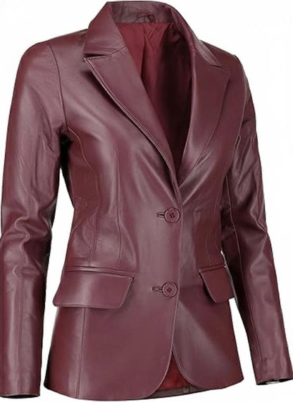 Classic 2-Button Lambskin Leather Blazer Women-Burgundy