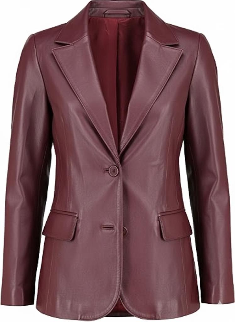 Classic 2-Button Lambskin Leather Blazer Women-Burgundy