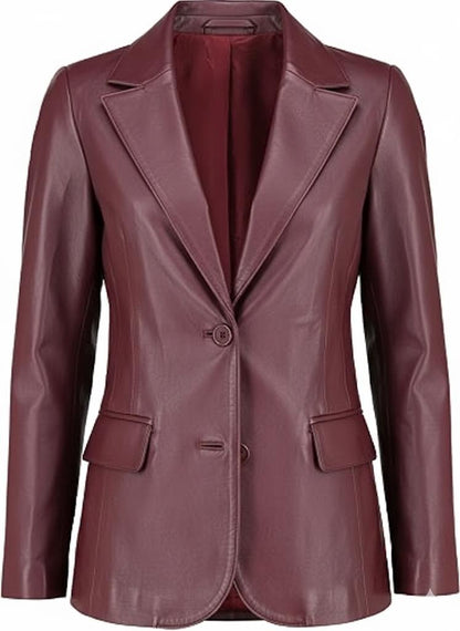 Classic 2-Button Lambskin Leather Blazer Women-Burgundy