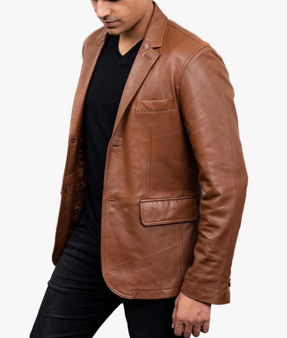 2-Button Men Lambskin Leather Blazer-Cognac