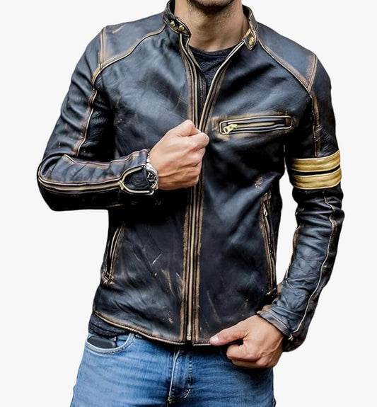 Cafe Racer Genuine Lambskin Leather Jacket-Black