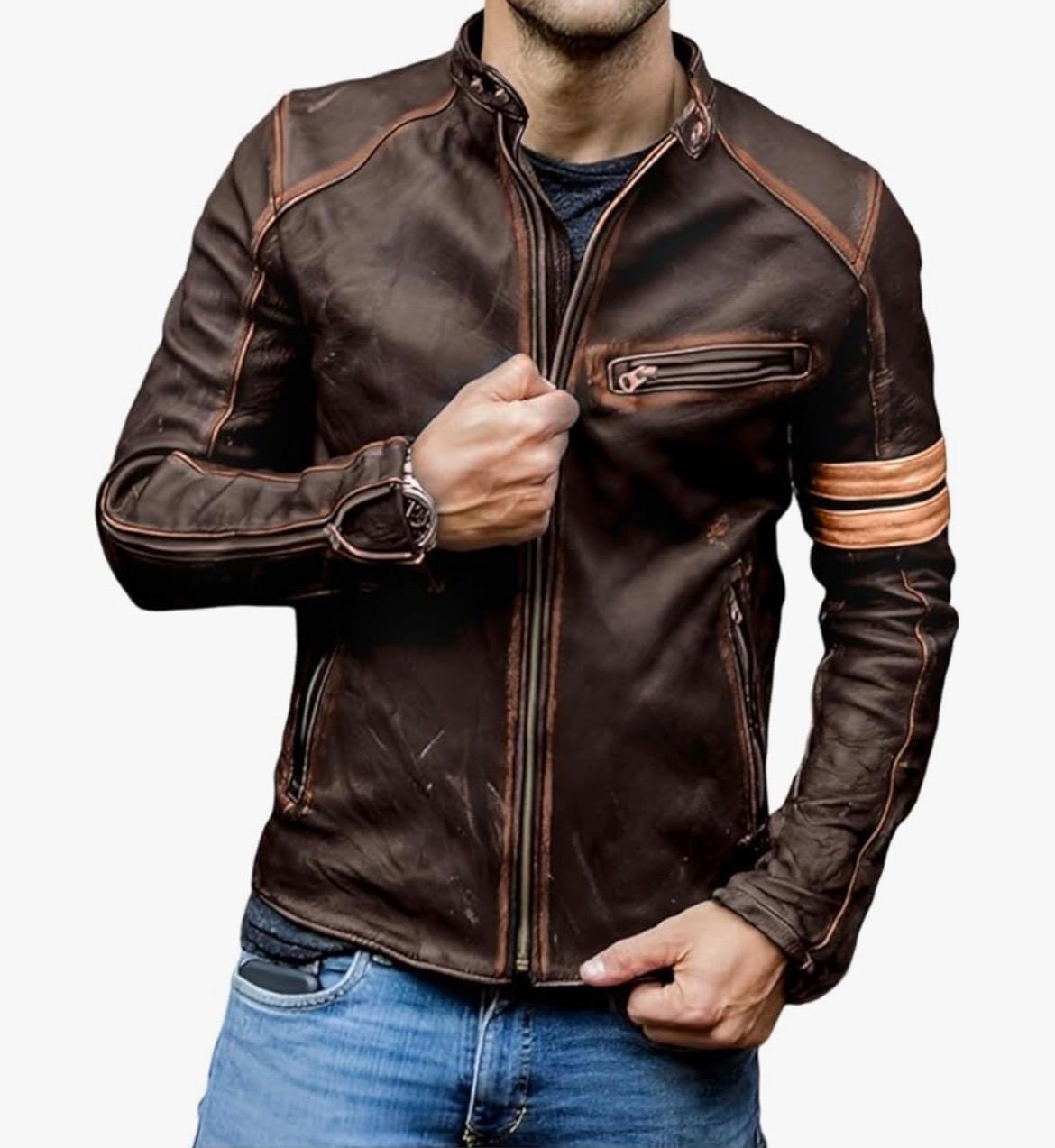 Cafe Racer Genuine Lambskin Leather Jacket-Brown
