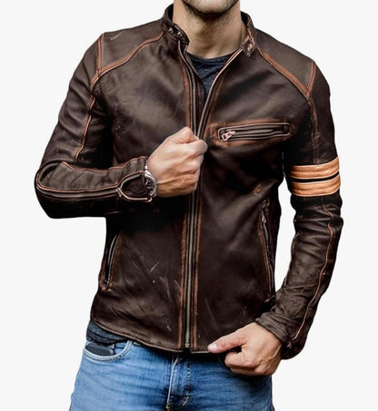 Cafe Racer Genuine Lambskin Leather Jacket-Brown