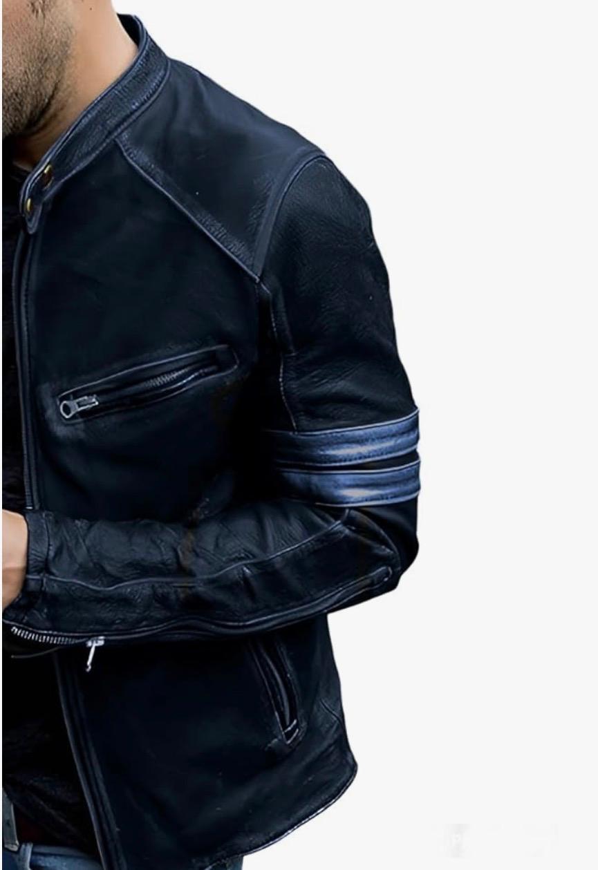 Cafe Racer Genuine Lambskin Leather Jacket-Blue
