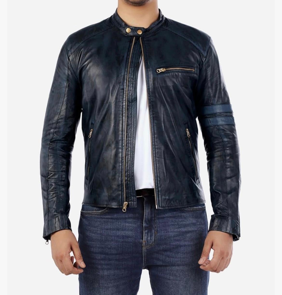 Cafe Racer Genuine Lambskin Leather Jacket-Blue