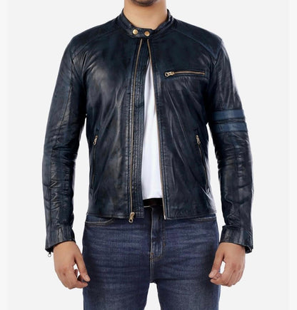 Cafe Racer Genuine Lambskin Leather Jacket-Blue