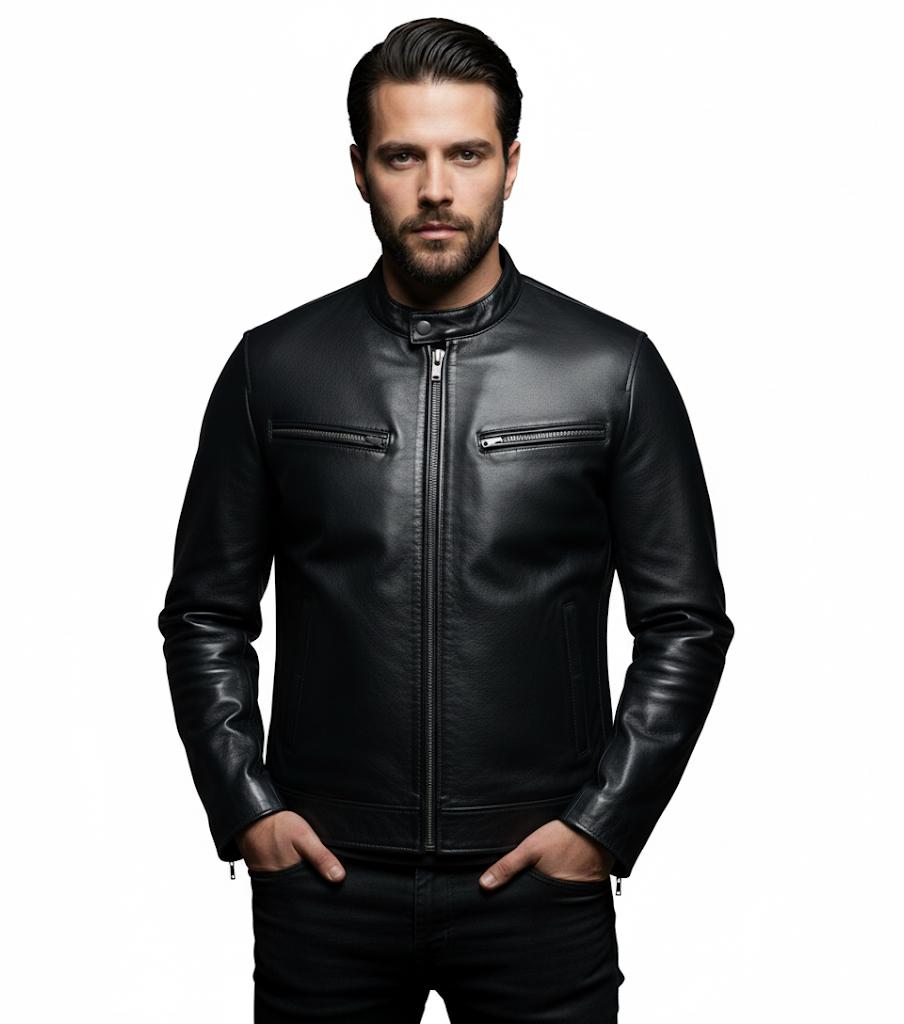 Black Mens Pure Sheep Leather Zipper Front Pockets Jacket