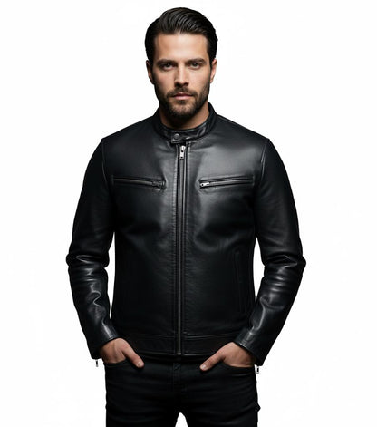 Black Mens Pure Sheep Leather Zipper Front Pockets Jacket
