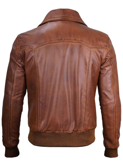 Steven Men's Distressed Tan Vecs Bomber Leather Jacket