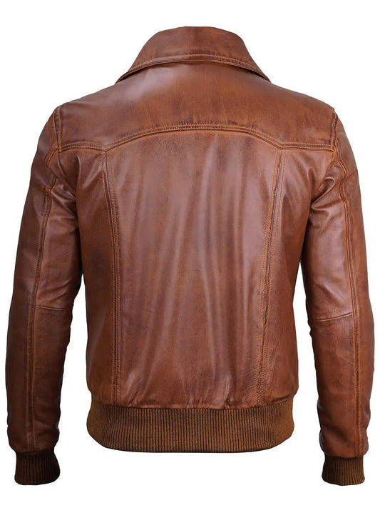 Steven Men's Distressed Tan Vecs Bomber Leather Jacket